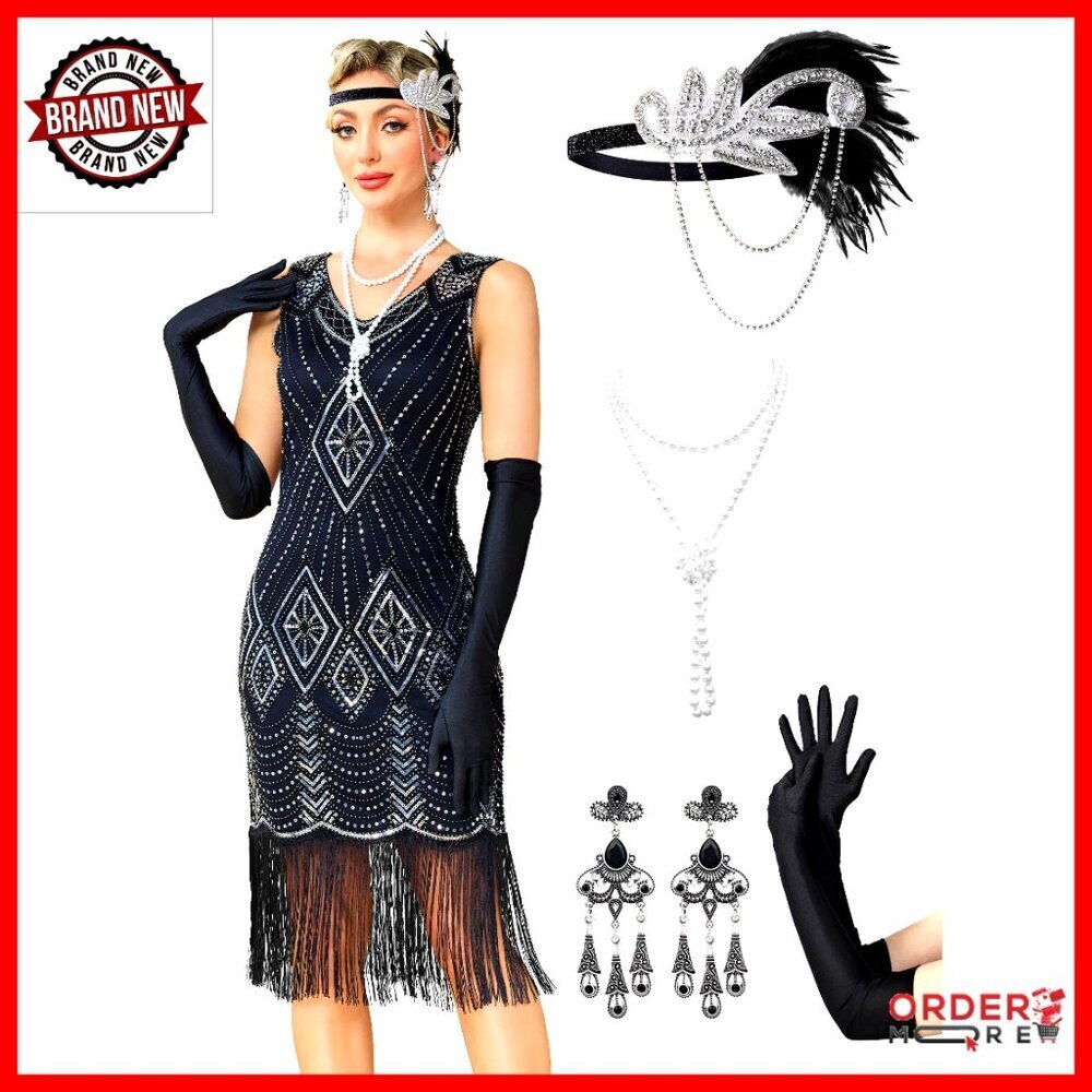 Sequin Fringed Flapper Dress with Accessories Set, Gatsby Cocktail Costume
